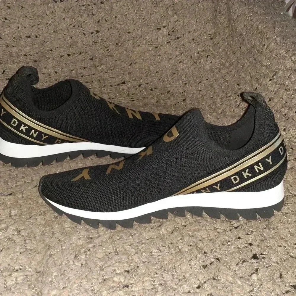 DKNY-Abbi Pull On Sock Sneaker-Air Knit-Black/White/Gold-Sz 9.5-Near Mint - Picture 5 of 8